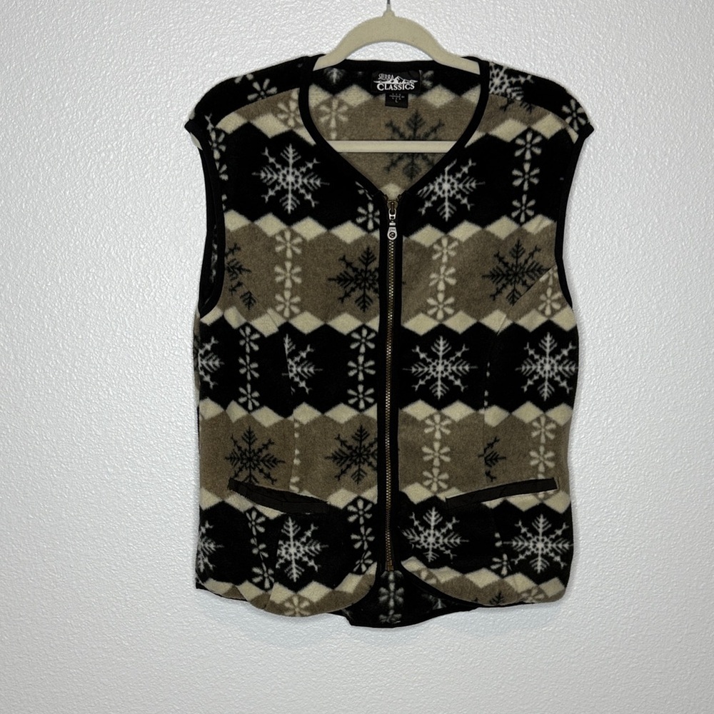 Vintage Sierra Classics Large Snowflake Fleece Vest Tan Black White Full Zip L
